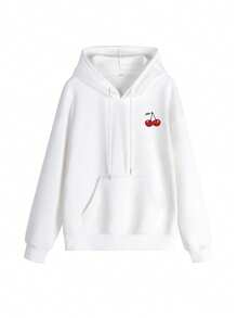 秋冬女装CHERRY樱桃字母图案长袖连帽卫衣，休闲宽松多功能度假风上衣，适合日常穿着的时尚秋季女装 - 白色 - 查看 5