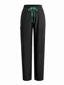 cimmuovere Women's Solid Color Casual Pants With Multiple Pockets, Side Slit, Contrast Color Waistband, Suitable For Scrubs, Nurse Uniforms, Workwear, Dentist, Healthcare, Pet Hospital, Laboratory Spring Black - Black - View 4