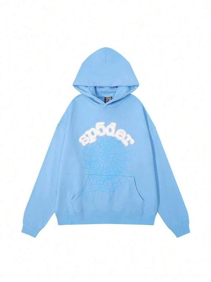 Spider Web Foam Print Hip-Hop Loose Terry Hooded Sweatshirt - 藍色 - 查看 1