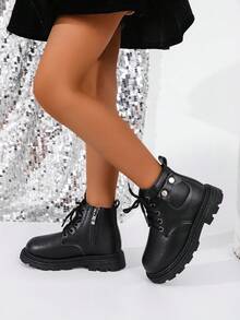 2025新款女童靴子适合秋冬四季穿英伦风儿童软底踝靴男童皮靴幼儿靴 - 黑色 - 查看 5