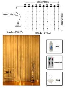 1 件 LED 铜线窗帘灯串 3*1 米 /3*2 米 /3*3 米 USB 遥控器带挂钩房间装饰灯氛围彩色灯串，情人节氛围装饰，适用于家庭、派对、节日、婚礼、生日、乡村、节日、季节性装饰、新年、春节 - 白色 - 查看 15