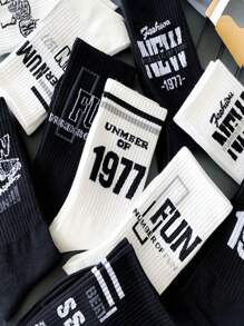1/5 Pairs Of Men's Mid-Calf Socks With Street Fashion Letter Prints And Hip-Hop Sporty Style, Fall Socks