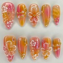 24Pcs Flower Press On Nails Medium Almond Fake Nails 3D Floral With Gold Pearl Rhiness Itter Ossy Design Orange Full Cover Stick On Nails Spring Summer False Nails For Women Acrylic Nails-0345 - 橘色 - 查看 1