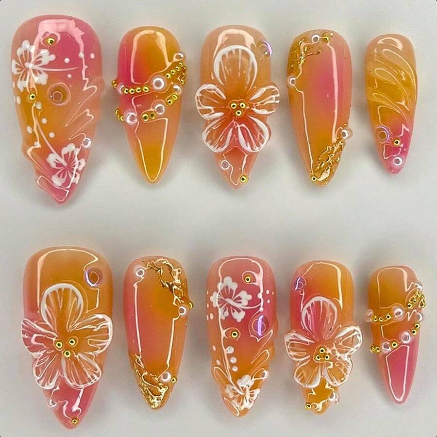 24Pcs Flower Press On Nails Medium Almond Fake Nails 3D Floral With Gold Pearl Rhiness Itter Ossy Design Orange Full Cover Stick On Nails Spring Summer False Nails For Women Acrylic Nails-0345 - 橘色 - 查看 1