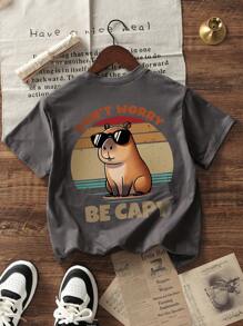 Boys & Teens Students Casual Printed Round Neck Short Sleeve T-Shirt, Summer Top