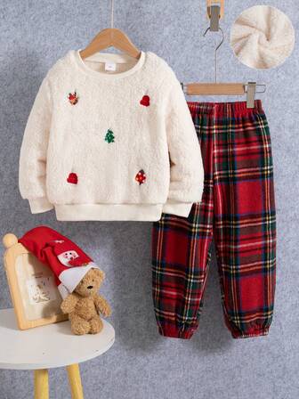 2pcs/Set Boys Casual Christmas Embroidery Pattern Crew Neck Long Sleeve Fleece Sweatshirt And Pants Outfit, Autumn/Winter