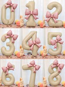 2个40英寸特大号米白色数字铝箔气球，带粉色蝴蝶结，适合生日派对装饰、周年庆典等场合。 - 奶油白 - 查看 2