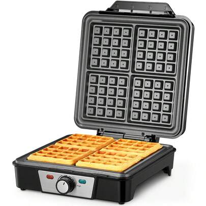 Reemix Belgian Waffle Maker 4 Slices, 1200W Waffle Iron, Anti-Overflow Waffle Iron With Browning Knob, Nonstick Plates, Indicator Lights, Silver/Black