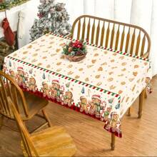 1 pieza Mantel de plástico con tema navideño, 137*220cm Cubierta de mesa para fiesta de Navidad - Diseño de hombrecillo de jengibre y árbol de Navidad | Mantel de plástico desechable, decoración de mesa de comedor navideña, decoración navideña