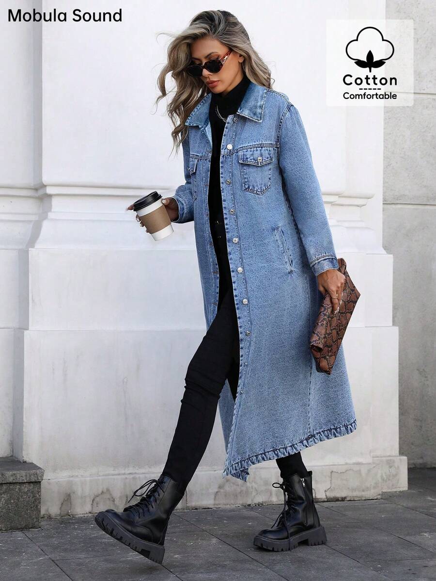 Mobula Sound# Casual Fashionable Spring/Summer/Autumn Versatile Elegant Student Y2K Style Long Denim Jacket - Blue - View 1