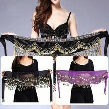 1pc Belly Dance Accessories, Dance Accessories, Belly Dance Hip Scarf, Dance Belt, Tie-Around Waist Scarf, Practice Waist Wrap, Coin Decorated Waist Chain, Dance Costume Hip Wrap, Dance Outfit