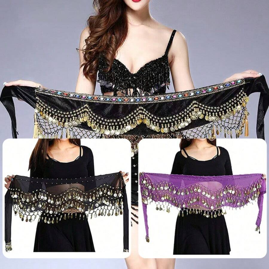 1pc Belly Dance Accessories, Dance Accessories, Belly Dance Hip Scarf, Dance Belt, Tie-Around Waist Scarf, Practice Waist Wrap, Coin Decorated Waist Chain, Dance Costume Hip Wrap, Dance Outfit