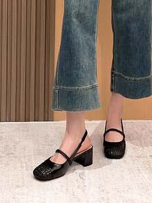 Xin Jing Shoes 秋冬女士编织圆头粗跟穆勒鞋，休闲及办公场合皆宜，优雅玛丽珍鞋款，派对必备 - 黑色 - 查看 7