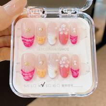 10Pcs/Set Summer Kawaii Short Round Press On Nails - Japanese Sweet Style Square Shape With Shell Accents, Beach Holiday Design, Internet Celebrity Viral Fake Nails For Back To School & July Nail Art Nail Supplies Nails - Multicolor - View 9