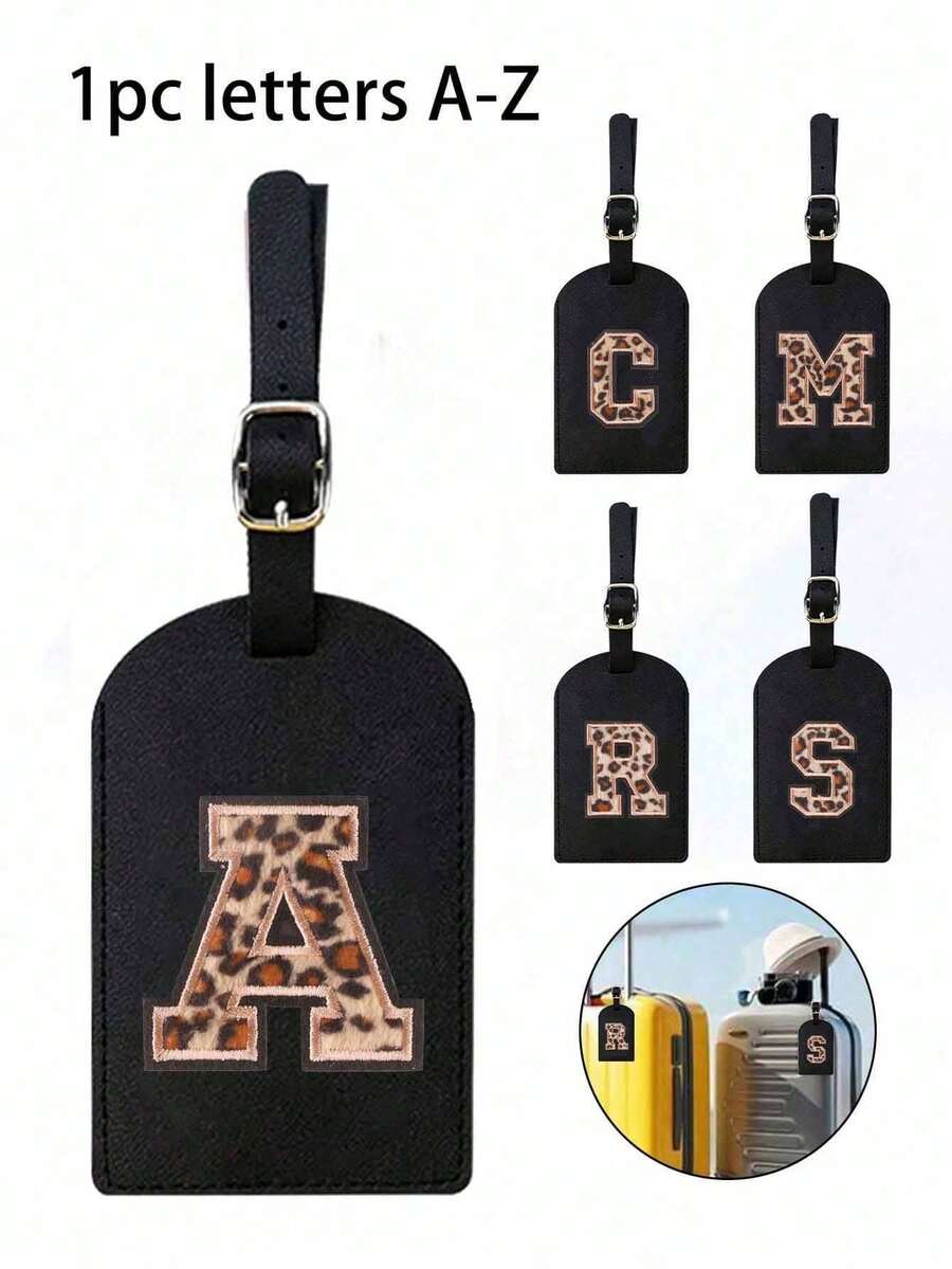 1pc TSA Approved Luggage Tag, PU Leather Material, Leopard Print, Alphabet A-Z Options, With Privacy Cover, Can Be Used As Business Card Or Travel Backpack Label, Unisex, Travel Essential, Luggage, Travel Gear, Back To School, Alphabet Print - Multicolor - View 1