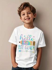 Kids Cotton T-Shirt, First Day Of School Top White Short Sleeve Tee For Grade 1, Print Summer Outdoor Sports Shirts, Size 3Y-13Y With White, ELY0704037 Back To School First Grade Graphic Tee - 白色 - 查看 2