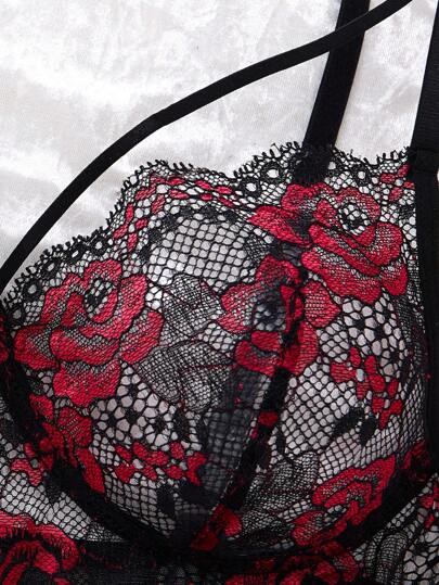 Zwart Rood Rose Gothic Contrast Kanten Verleidelijke Short Lingerie Dress Thong, Going Out view 3