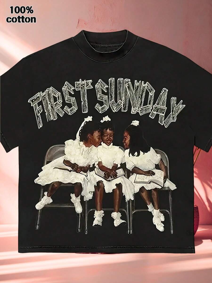 Vintage "First Sunday" Graphic Tee - 100% Cotton Casual Crew Neck T-Shirt, Summer Breathable Soft Fashion Top, Perfect Gift For Friends & Family - màu đen - Xem 1