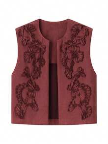 Cowgirl Vest Western Outfit For Women Embroidery Faux Suede Vest Cropped Cardigan Boho Top - Brown - View 1