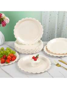 10 件/20 件/50 件/套，象牙色纸盘 7 英寸象牙色扇贝形盘子，米色纸盘扇贝形甜点盘一次性米色蛋糕纸盘，杯子和餐巾，派对用品米色扇形盘子餐巾杯，新生儿洗澡生日派对婚礼新娘派对用品 - 彩色 - 查看 4