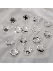 15pcs/Set Rhinestone Decor Star, Sun, Moon, Butterfly, Letter Design Rings - Antique Silver - View 2