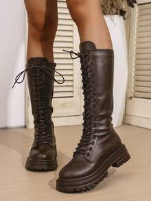 新款女士棕色休闲户外纯色简约西部风格仿PU皮鞋面舒适内里系带侧拉链复古防滑厚底中筒靴，春秋季，派对 - 棕色 - 查看 6