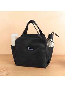 1pc Large Capacity Portable Insulated Lunch Bag, Waterproof Aluminum Foil Tote Bag, Polyester Material, Rectangular Design, Suitable For Travel And Commuting - Black,Back To School