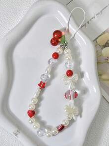 1pc Fashion Minimalist Cherry Blossom Bow Faux Pearl Phone/Camera Lanyard, Suitable As Gift For Mother, Family, Friends, Birthday, Festival, Phone Charm, Phone Strap - Red - View 3