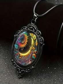 1pc Vintage Elegant Halloween Oval Sunflower Glass Cabochon Pendant Necklace