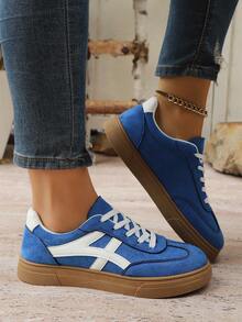 New Casual Sports Shoes, Fashion Versatile Suede-Like Lace-Up Women Sneakers, Student Shoes - Teal Blue - View 4