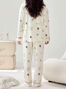 [PONX]2pcs Women V-Neck Pajama Set, Long Sleeve Top And Pants, Soft Homewear For Spring And Autumn, Fall Winter Clothes - Beige - View 5