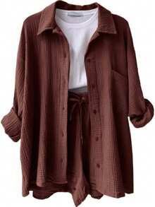 Plain    Casual    Button Front  Button    Home - Brown - View 2