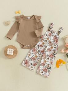 Infant Baby Girls Clothing Set Solid Color Long Sleeve Ribbed Romper With Print Overalls 2Pcs Outfit - màu nâu - Xem 1