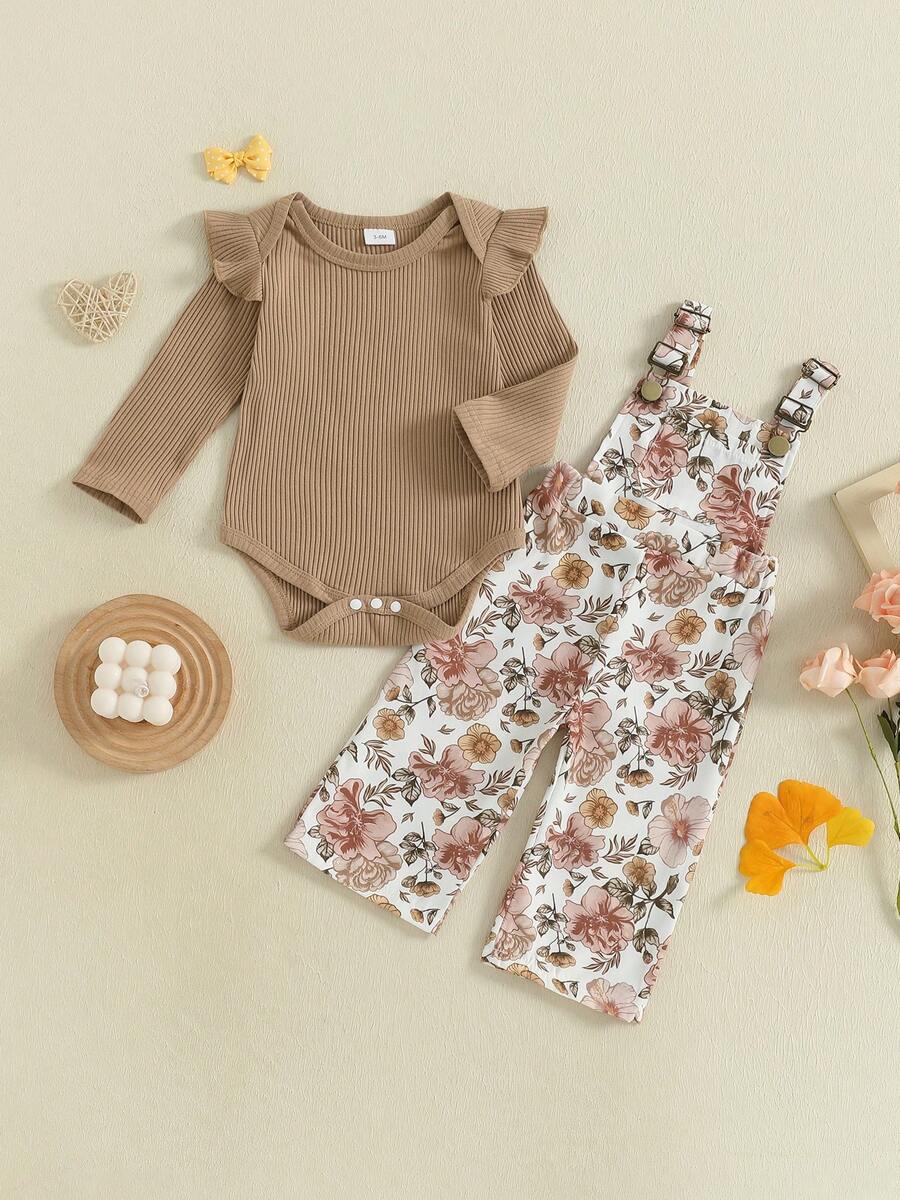 Infant Baby Girls Clothing Set Solid Color Long Sleeve Ribbed Romper With Print Overalls 2Pcs Outfit - màu nâu - Xem 1