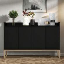 Aparador/cómoda de estilo minimalista, moderno mueble buffet de 4 puertas, cómoda con balda regulable y patas metálicas, mueble multiusos para comedor, salón, cocina (Negro/Blanco/Azul) - Negro - Ver 8