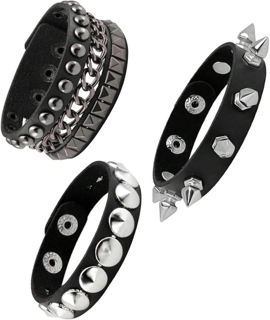 Eigso 3 Pcs Leather Punk Bracelets Men Women Of Rock Rivet Wrap Retro Spike Bracelet Adjustable - 黑色 - 5 - 查看 1
