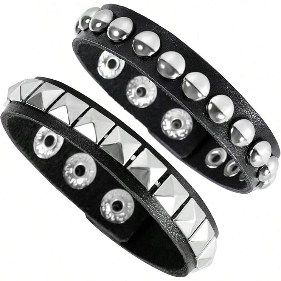 Eigso 3 Pcs Leather Punk Bracelets Men Women Of Rock Rivet Wrap Retro Spike Bracelet Adjustable - silver-1 - 查看 1