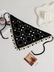 女士头巾 1 件装，黑色花卉、海洋、蜻蜓、贝壳钩编镂空流苏发带，波西米亚风格，适合日常佩戴、运动、海滩度假，秋季配饰，发带，秋冬发箍，优雅围巾 - 黑色 - 查看 2