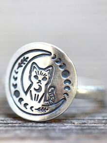 1 قطعة خاتم بتصميم قطة القمر المطلي بالفضة ذو طابع غامض وأنيق، مناسب للجنسين، مناسب كهدية للعائلة/الأصدقاء/الشريك