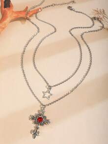 2pcs Gothic Punk Style Star, Rhinestone Cross & Heart Pendant Necklaces, Layered Wear, Elegant & Fashionable Jewelry For Women - Silver - View 5