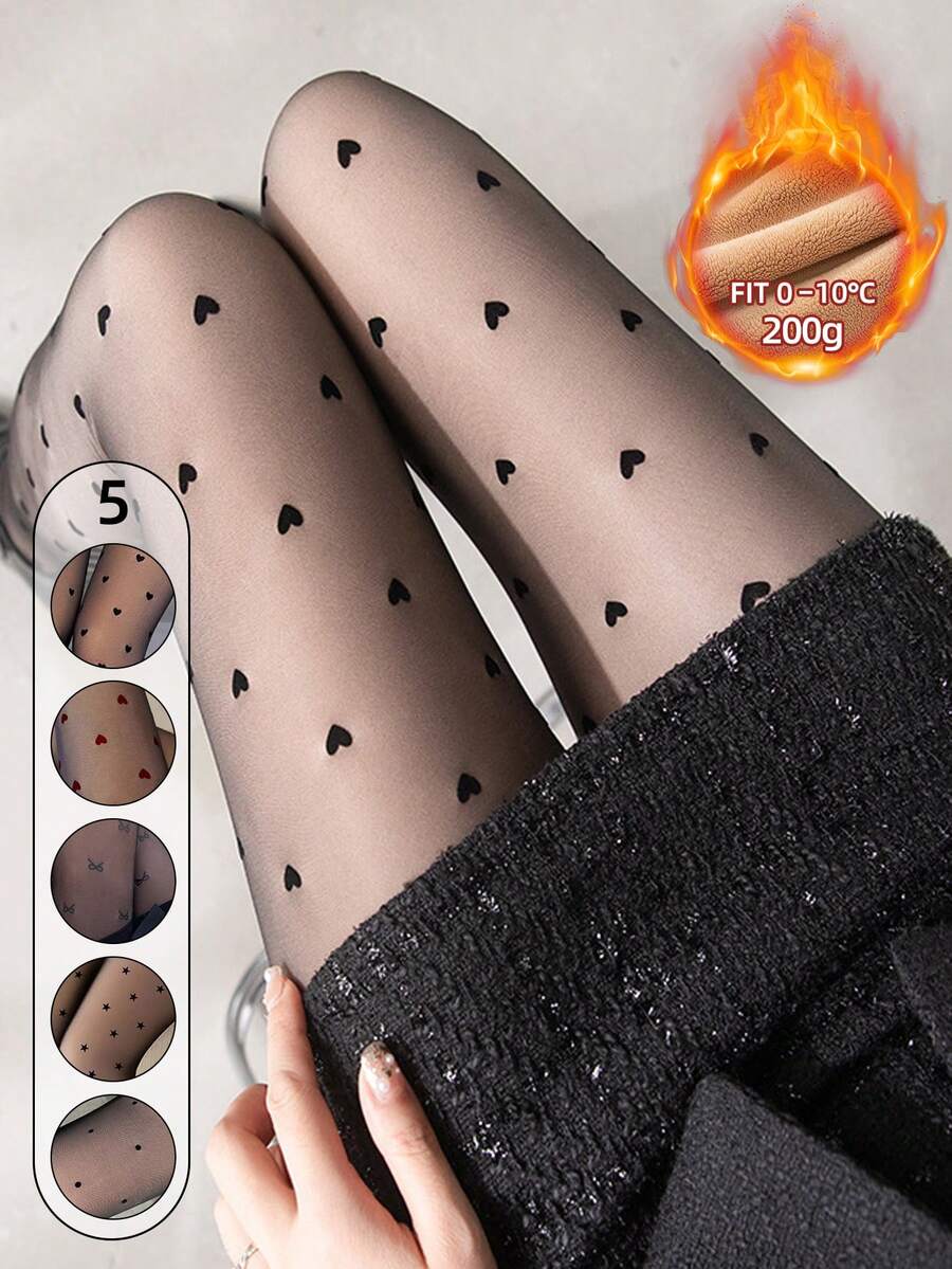 1 Pair 200g Autumn And Winter Simple Tight Weight Loss Pantyhose, Even Size Tights, Warm Tights, Women's Velvet Warm Stockings, High-Waisted Elastic Weight Loss Sexy Semi-Transparent Pantyhose, Tight Underwear, Star Love Polka Dot Bow Multi-Pattern Styles - Black - View 1