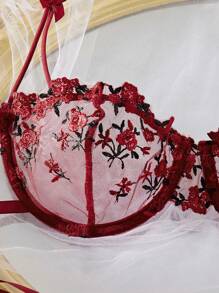 Florales Stickerei Schleife Dekor Ausschnitt Sexy Dessous Set, Rave