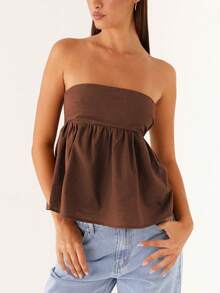 Women Summer Flowy Tube Top Y2k Solid Color Strapless Off The Shoulder Loose Fit Babydoll Bandeau Crop Tops Backless Sleeveless Going Out Tops Vests Shirts Casual Streetwear - 棕色 - 查看 1