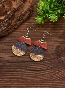 1 对 多层几何拼布波西米亚风软木感觉叶图腾耳环 女士