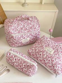 1个花卉印花多功能化妆包，万圣节不给糖就捣蛋主题，时尚休闲大容量拉链化妆包，旅行文具收纳包，度假必备，化妆包，旅行必备 - 淺粉色 - 查看 2