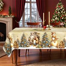 1 pieza Mantel de poliéster con tema navideño, diámetro redondo de 145cm (57.08 pulgadas), rectangular de 140x180cm (55.11 pulgadas x 70.87 pulgadas), mantel redondo de poliéster dorado con diseño de muñeco de nieve, Papá Noel y árbol de Navidad dorado, mantel para mesa de comedor, decoración navideña, decoración para reuniones y fiestas navideñas en el hogar.