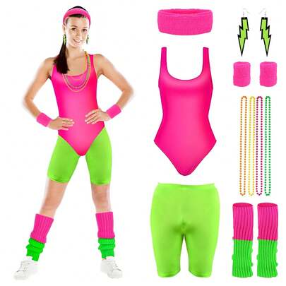 Tenue des années 80, costume de sport pour femme, accessoires pour femme des années 80, gilet, short, bandeau, boucle d'oreille, jambières, bracelets, collier, combinaison de sport des années 80, carnaval pour femme