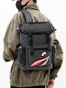 男士背包，复古花卉休闲旅行包，PU皮革翻盖背包，防刮耐用，轻便易携，适合旅行、露营、徒步、上学、大学、青年使用，情人节和返校礼物 - 黑色 - 查看 4