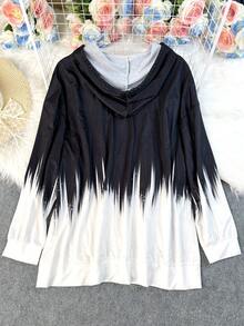 1pc Women's Plus Size Geometric Pattern Contrast Color Print Zip-Up Hoodie Jacket, Autumn/Winter Casual Drawstring Sweatshirt With Pockets