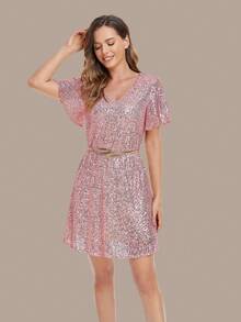 Đầm suông dáng rộng cổ chữ V đính sequin dành cho nữ, kiểu dáng thời trang đa năng phù hợp cho tiệc tùng, lễ tốt nghiệp, dạ hội. - Bụi hồng - Xem 1